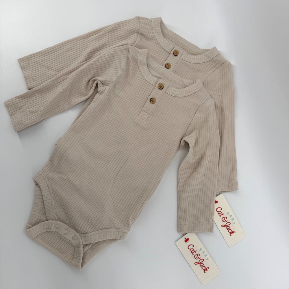 Cat & Jack 2 Pack Unisex Baby‎ Ribbed Long Sleeve Henley Bodysuit 6-9 Months NEW